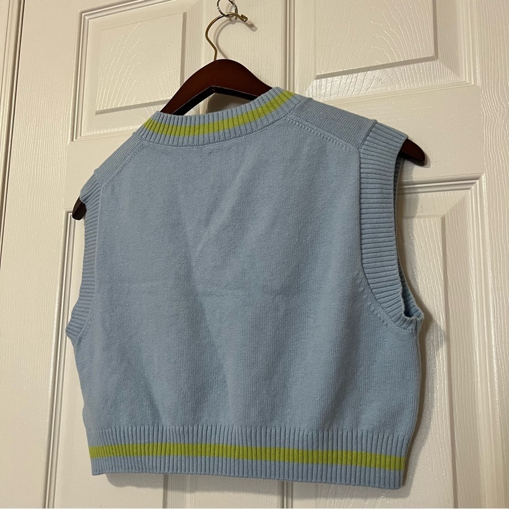 Aritzia Sunday Best Merino Wool Cotton Blue Green Knit Cropped Sweater Vest Sz S - Picture 7 of 13